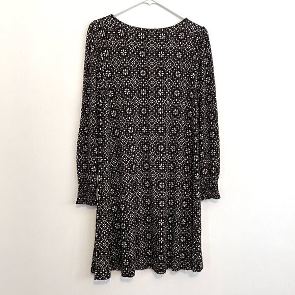 ANN TAYLOR LOFT Outlet Black White Brown Geo Geometric Long Sleeve Shift Dress M - Picture 9 of 11